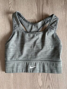 Nike Dri Fit Heather Grey Racerback Sports Bra with White Swoosh